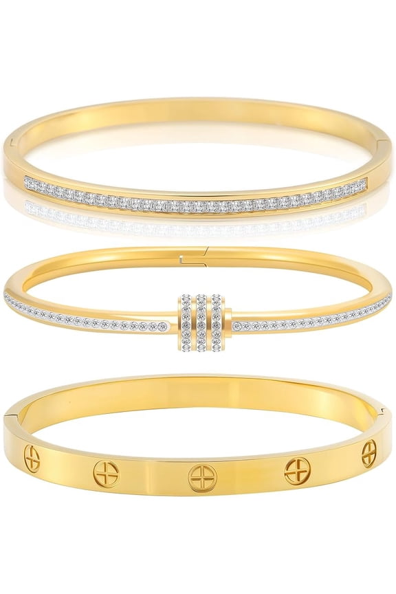 Gold Bracelets for Women - Stackable Bangles with Friendship & Love Theme - Stainless Steel Jewelry Gift for Her