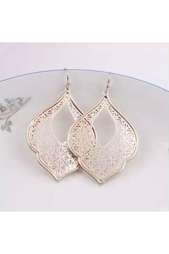 Gold Brass Filigree Morocco Teardrop Hollow Floral Statement Drop Earrings Gift