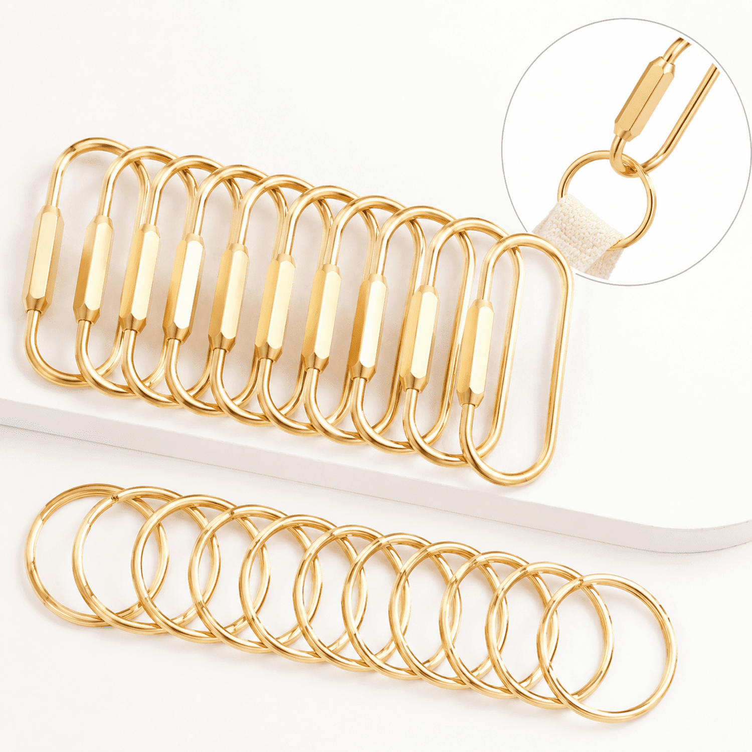 Gold Brass Key Ring Set, 10 Screw-Lock Carabiner Keychains with 10 Flat ...