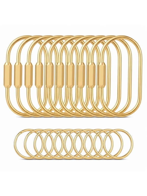 Gold Brass Key Rings, 10 Pack Keychain with 10 Flat Rings Carabiner Clip, Screw Lock Keys Organizer, Purse Bag,Car Keys or Backpack Accessory Ornament