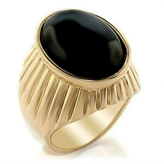Gold Brass Ring with Semi-Precious Onyx in Jet for Women Jet Stone Color Style 2W060 Size 12