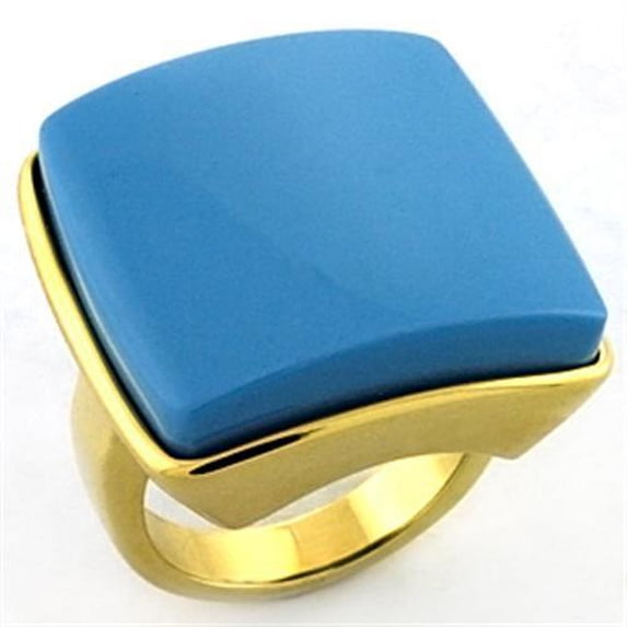 Gold Brass Ring with Synthetic Acrylic in Sea Blue for Women Sea Blue Stone Color Style LOA704 Size 5