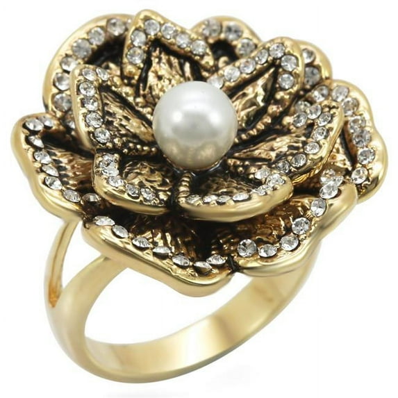 Gold Brass Ring with Synthetic Pearl, Citrine Yellow - Size 8