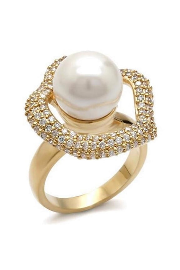 Gold Brass Ring with Synthetic Pearl, White - Size 6
