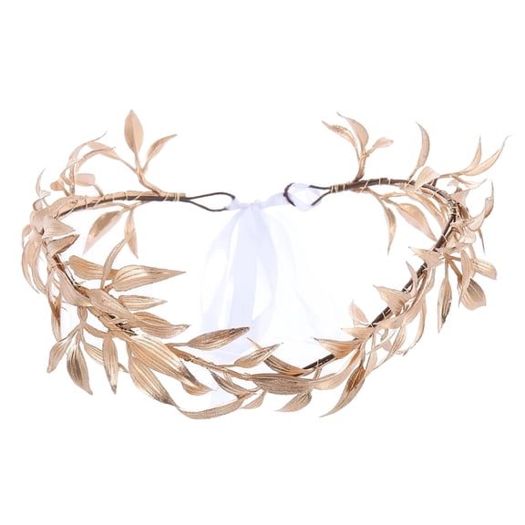 Gold Bridal Crown, Baroque Vintage Headpiece, Gold Leaf Elf Crown, Handmade Wedding Hair Accessories with Ribbons, 19.7 in / 50 cm