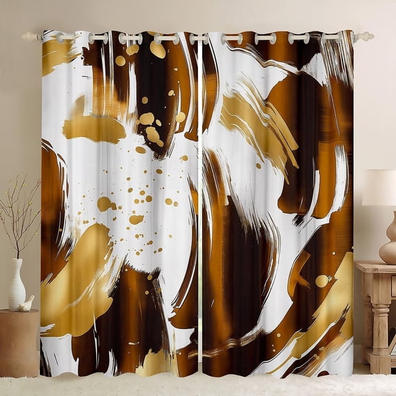 Gold Brown Abstract Curtains for Bedroom Living Room Modern Graffiti Line Art Blackout Shades Simple Geometric Room Darkening Curtain Cool Unique Window Treatments, 2 Panels 42 x 63 Inch Decor