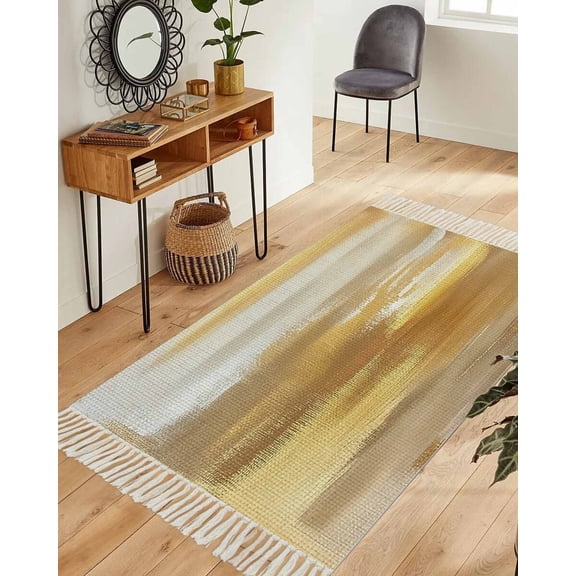 Gold Brown Area Rug 3x5ft Woven Runner Rug,Abstract Modern Minimalist Smear Art Ombre Washable Living Room Hallway Bedroom Kitchen Carpet with Tassels,Indoor Outdoor Throw Door Mat for Entryway
