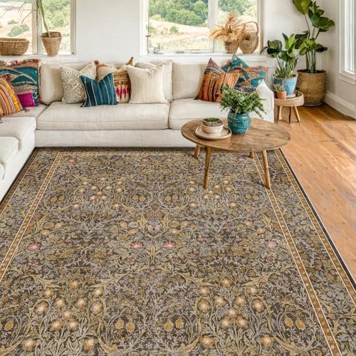 Gold Brown Floral Living Room Rug 5x7 - Vintage Forest Washable Area Rugs for Dining Room, Bedroom, Oriental Distressed Low Pile Non Slip Stain Resistance Indoor Earthy Carpet