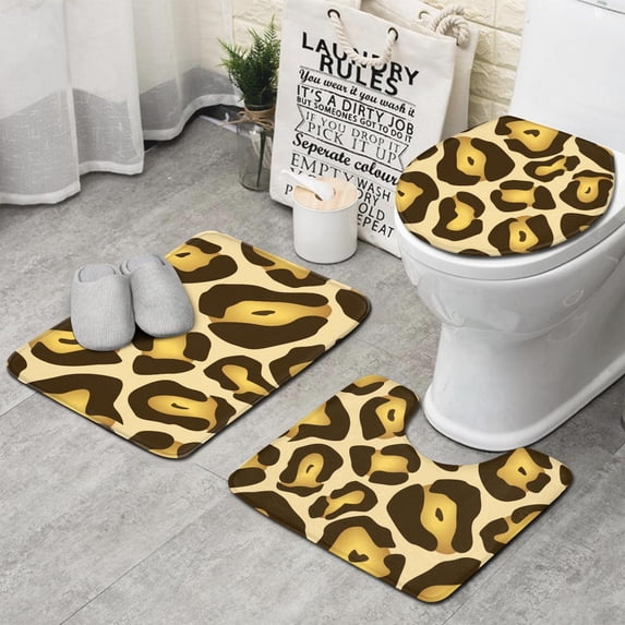 Gold and Brown Of Leopard Print Bathroom Rugs Sets 3 Piece,Toilet Cover Set,Absorbent Non Slip Bathroom Mats Sets with U-Shaped Contour Rug Toilet Rug Set