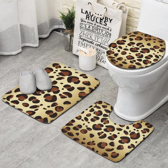 Gold and Brown Of Leopard Print Bathroom Rugs Sets 3 Piece,Toilet Cover Set,Absorbent Non Slip Bathroom Mats Sets with U-Shaped Contour Rug Toilet Rug Set