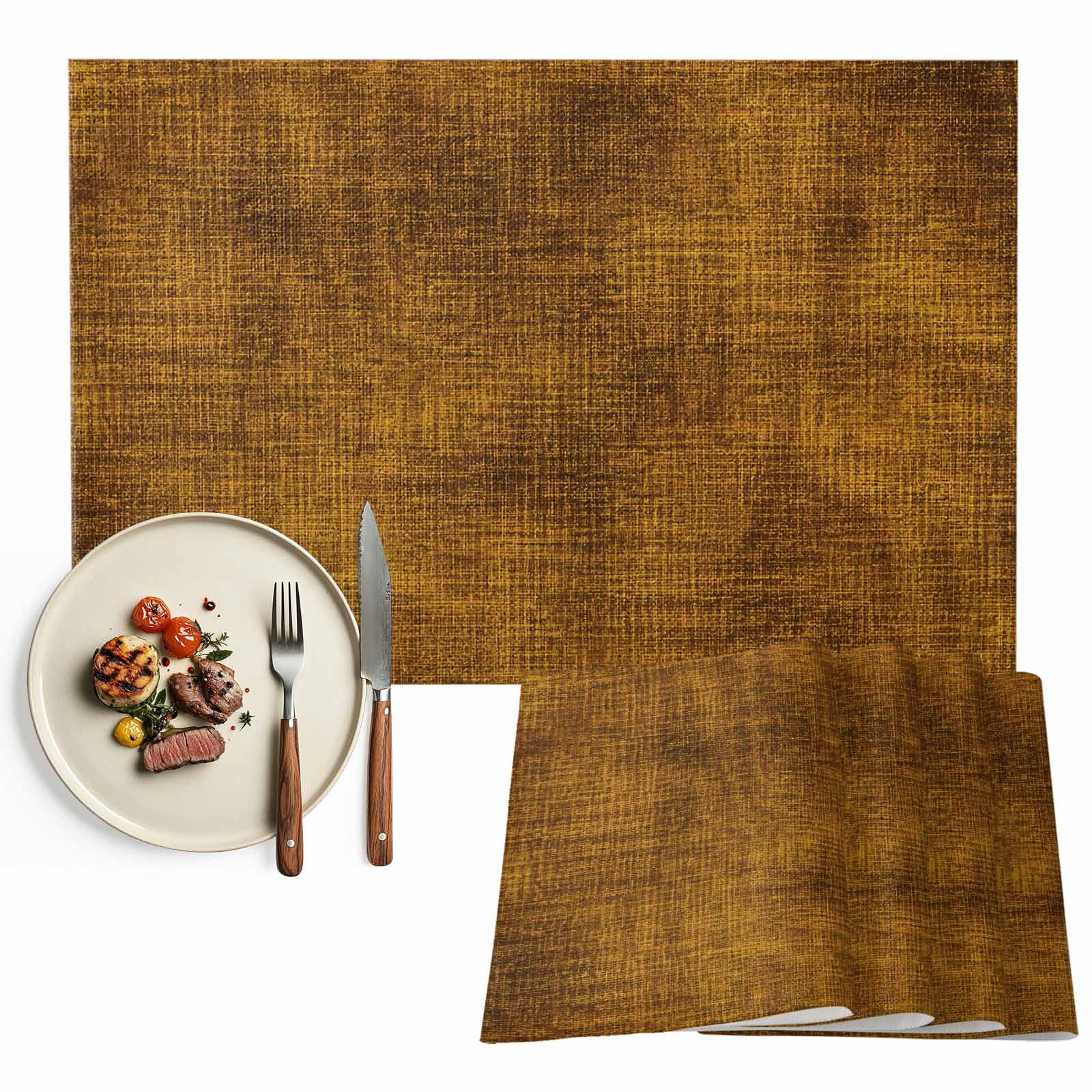 Texture Decor Table Gold Brown Placemats Set of 2, Farmhouse Linen Texture Washable ...