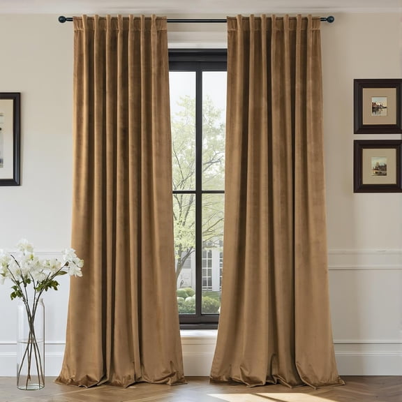 Gold Brown Velvet Curtains 96 Inch 2 Panel Thermal Insulated Thick Light Blocking Floor to Ceiling Drapes Bedroom Living Room Noise Reduction