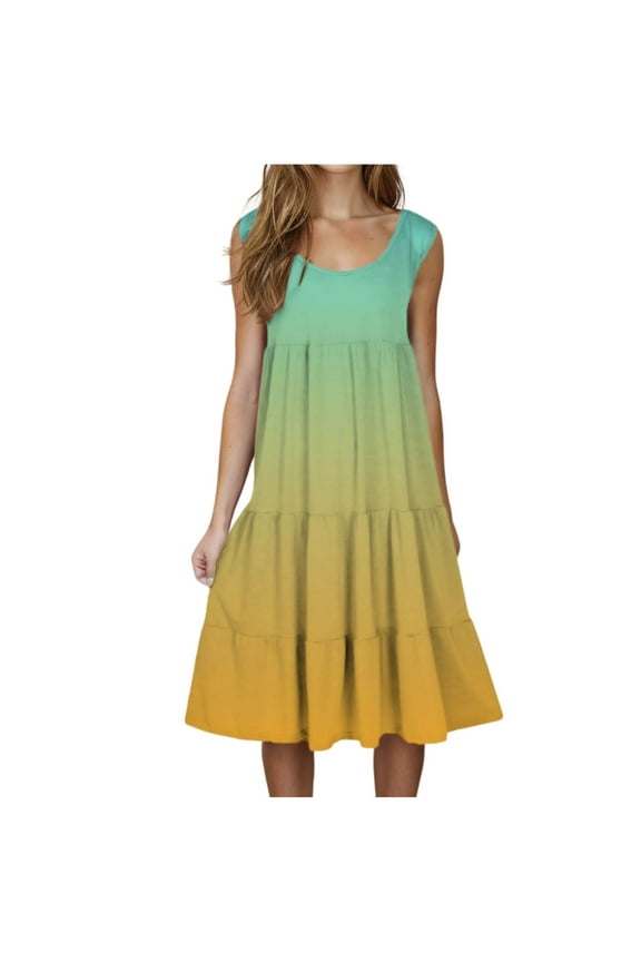 Gold Womens Boat Neck Spandex Dresses Brunch Dresses for Ladies Sleeveless Gradient Loose Fit Midi Knee Length Summer Fall Dresses 2025 Clothing Trendy 5XL