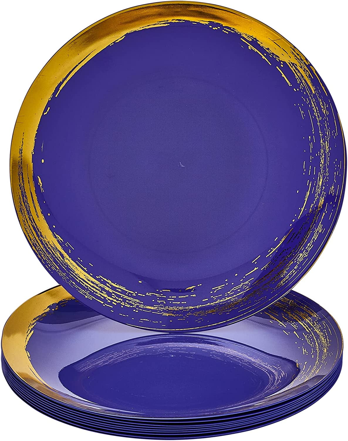 Gold Brush Stroke Rimmed Blue Plastic Dinner Plates Set