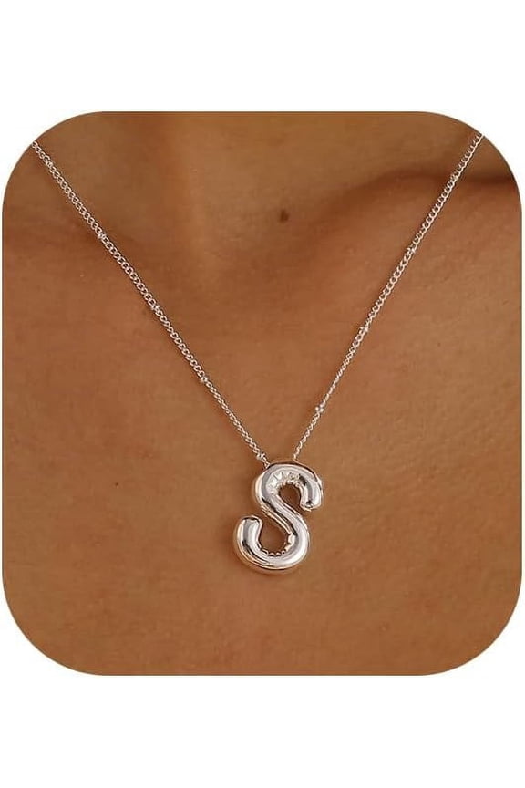 Gold Bubble Letter Necklace For Women, 14K Gold Plated Balloon Initial Letter Pendant Necklace Dainty Charm Initial Necklaces For Women Trendy Chunky Custom Name Necklace Gold Jewelry For Wo[o800]