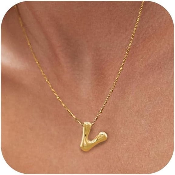 Gold Bubble Letter Necklace For Women Dainty 14K Gold Plated Balloon Initial Necklaces For Women Trendy Cute Chunky Charm Monogram Pendant Name Necklace Fashion Jewelry Gifts For Teens[o3073]