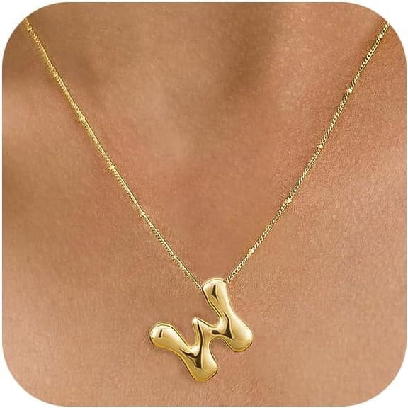 Gold Bubble Letter Necklace For Women Dainty 14K Gold Plated Balloon Initial Necklaces For Women Trendy Cute Chunky Charm Monogram Pendant Name Necklace Fashion Jewelry Gifts For Teens[o3060]