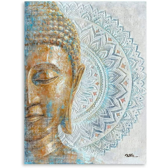 Gold Buddha Canvas Wall Art: Mandala Flower Blossom Buddha Painting Zen Print Picture on Blue for Yoga Meditation Room Bedroom Framed and Ready to Hang 12"x16"
