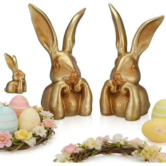 Gold Bunny Statue Vintage Resin Rabbit Figurine, Elegant Easter Decor Table Centerpiece for Home Indoor, Collectible Holiday Gift(2Pcs)