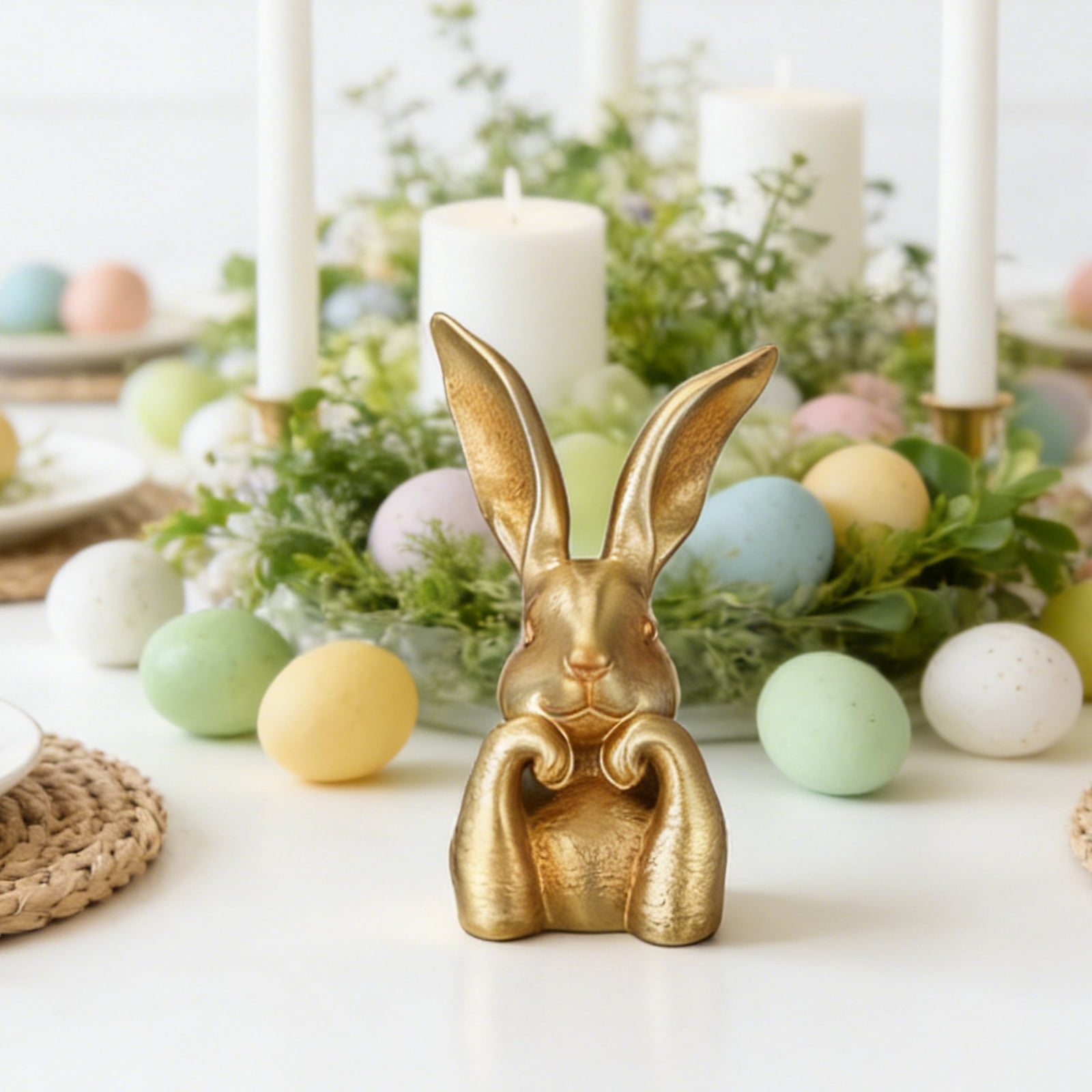 Gold Bunny Statue Vintage Spring Rabbits Easter Decor Resin Table ...