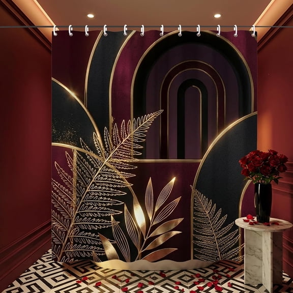 Gold and Burgundy Mid Century Shower Curtains,Dark Red Abstract Shower Curtains,Funny Waterproof Polyester Modern Minimalist Art Hotel Bathroom Decor,72x72 Inches