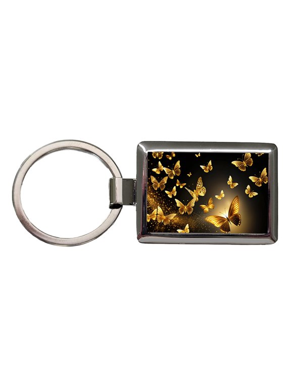 Gold Butterflies Flying Metal Rectangle Keychain