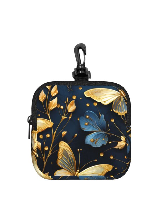 Gold Butterflies Vintage Butterfliy Square Gear Pouch with Lobster Clasp Waterproof Tech Accessory Organizer, Key & Coin Case