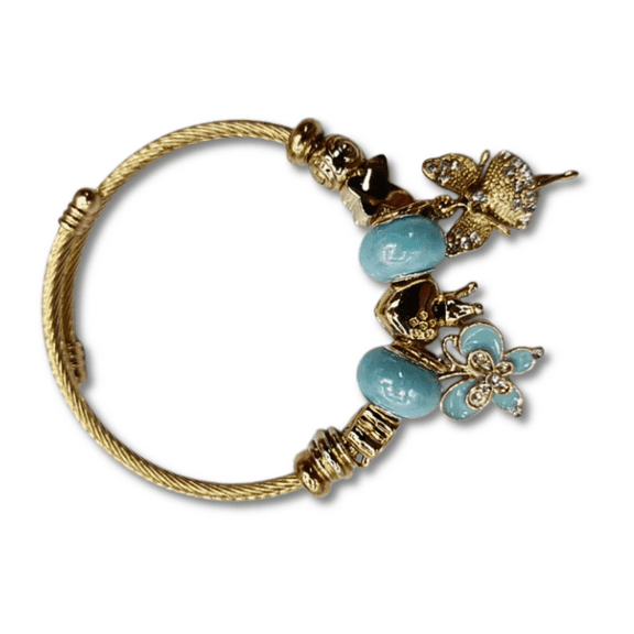 Gold Butterfly Ballet Girl Charm Bracelet with Blue Beads and Crystal Accents