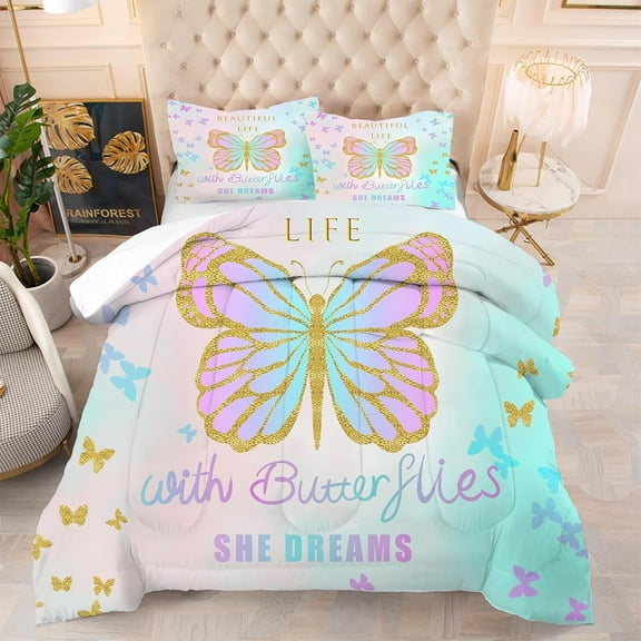 Gold Butterfly Comforter Sets Full Size All Season Bed Set Rainbow Color Bedding Sets Colorful Butterfly Bedding Quilt for Kids Teen Girls 1 Comforter+ 2 Pillowcases