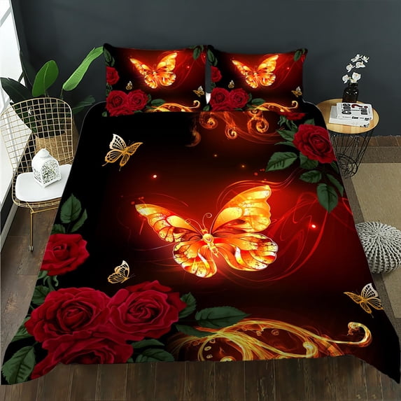 Gold Butterfly Duvet Cover Set, 3D Oil Red Rose Bedding Set for Kids Girls Women,Romantic Moments Theme Comforter Cover,3 PCS,1 Quilt Cover and 2 Pillowcases
