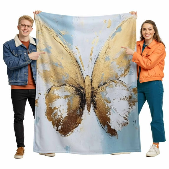 Gold Butterfly Flannel Blanket for Bed,Travel and Camping, Abstract Oil Painting Super Soft Cozy Blanket for All Seasons 32"x48"