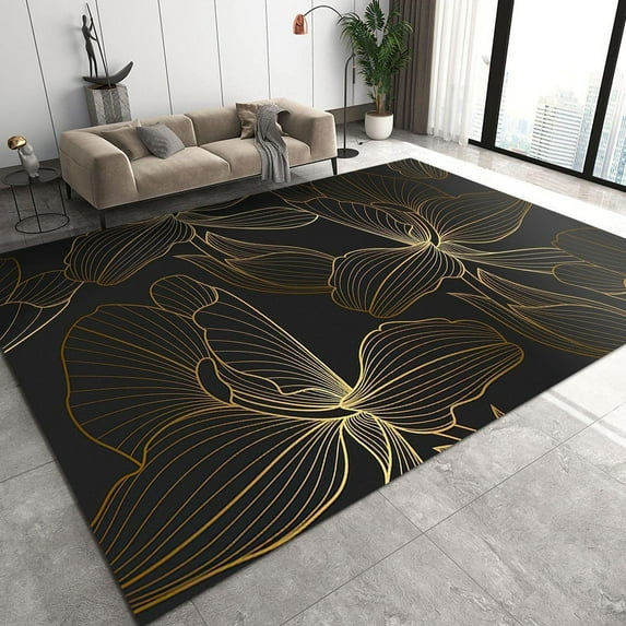 Gold Butterfly Lily Floral Thread Design Area Rugs, Abstract Geometry Black Printing Rugs, Machine Washable Indoor Carpet For Teen Bedroom Living Room Office Dining Room