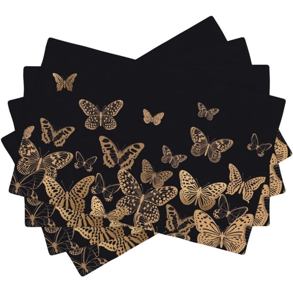 Gold Butterfly Placemats Set of 4, Black Background Elegant Insect Silhouette Table Mats, Modern Luxury Washable Linen Decor for Dining Room Kitchen Table, 12"x18"
