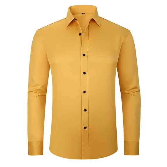 Gold Button Up Shirt Men, Long Sleeve Men Going Out Shirts, Work Polyester Athletic Fit Dress Shirts for Men, Non Ironing Elastic Men's d Shirt Lapel Solid Color Button