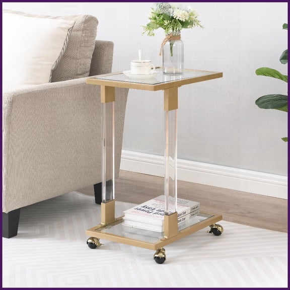 Gold C-Shape Tempered Glass Coffee Table for Home & Office, Easy-Clean & Mobile with Lockable Casters