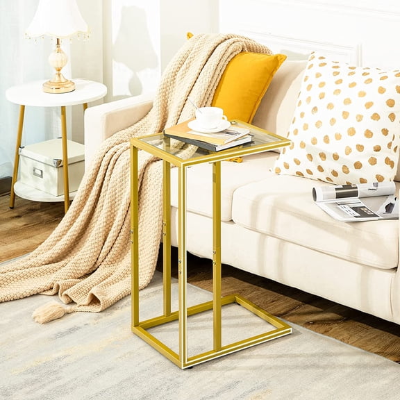 Gold C-Shaped Side Table Set of 2, Modern Tempered Glass Metal Frame Couch Table, Small Space Fit, Living Room & Bedroom Furniture