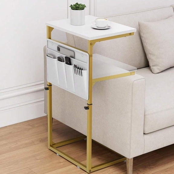 Gold C-Shaped Sofa Side Table With Adjustable Height, Metal Frame And Fabric Storage Pockets For Living Room