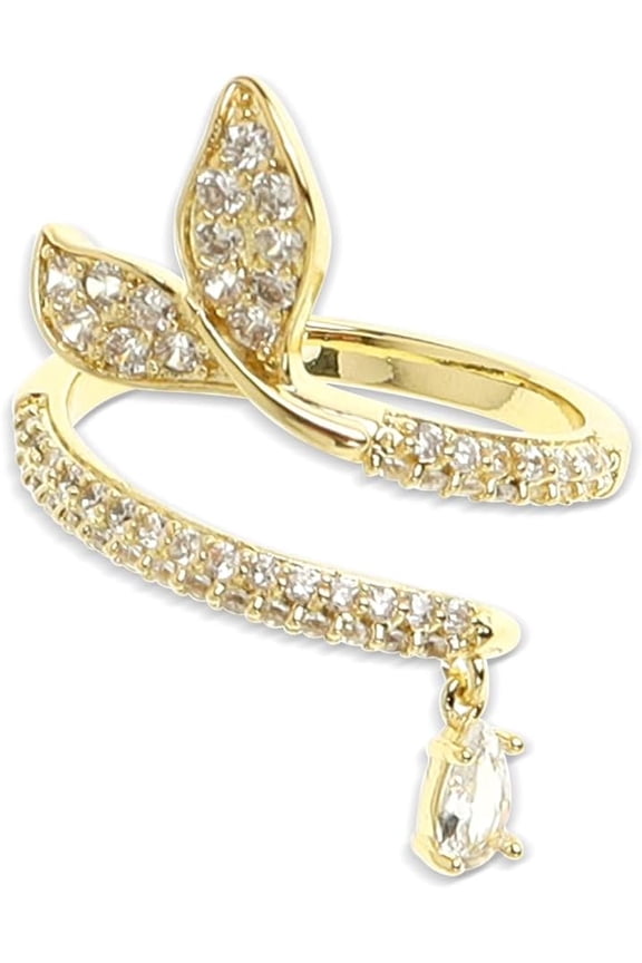 Gold CZ Leaf Wrap Statement Ring for Women Sparkly Rhinestone Fish Tail Open Stacking Ring Prom Jewelry Gift