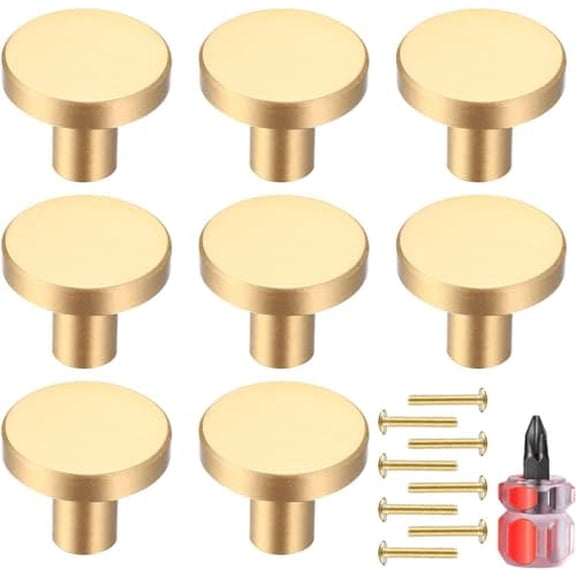 Gold Cabinet Solid Knobs, 8 Pcs Brushed Brass Round Kitchen Cabinet Hardware Pulls Knobs Gold for Dresser Drawer Cupboard Furniture Closet Wardrobe Door Knobs Handles, with Screwdriver,20x25 mm