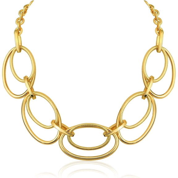 Gold Cable Link Pendant Necklace: 14k Gold Plated Loop Chain Link Statement Choker Necklace for Women - Chunky Fashion Double Oval Hoop Pendant Jewelry - Simple Elegant Women Gift