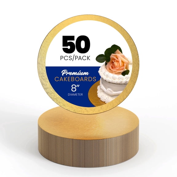 Gold Cake Board 8'', Sturdy Round Base for Cakes, Cupcakes, and Desserts, Ideal for Parties and Celebrations, Pack of 50