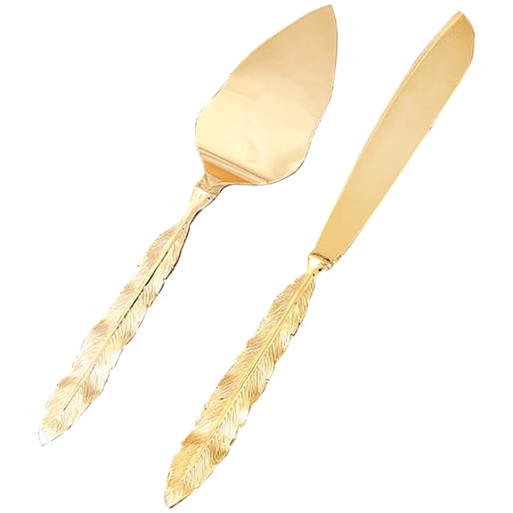 Gold Cake Knife Server Set, European Style Feather Handle, Wedding Cutting Utensils, Engraved Customization Available, Elegant Silver Polished