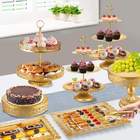 Gold Cake Stand Metal Dessert Table Display Set Tiered Cupcake Holder Fruit Candy Donut Plate Serving Tower Tray Platter (Gold)