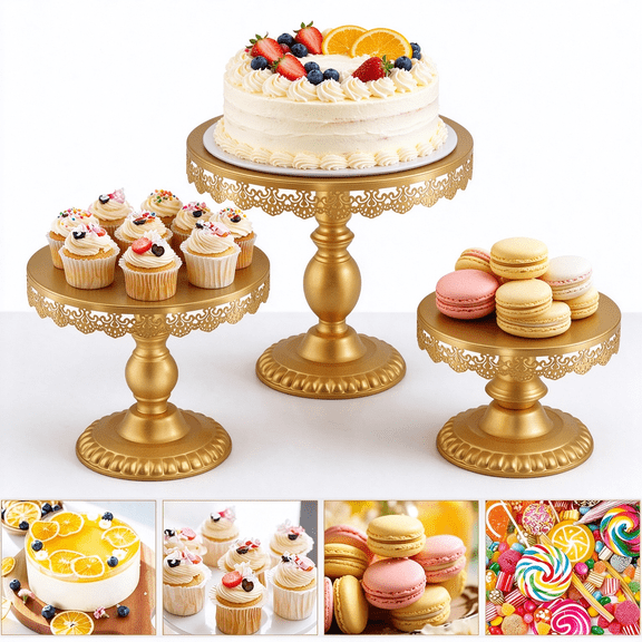 Gold Cake Stand Set of 3 (8", 10", 12"), Metal Dessert Display Stands with Lace Edge for Wedding Anniversary, Birthday Party, Baby Shower, Multiple Styles Candy Fruit Cupcake & Cake Holder Tray