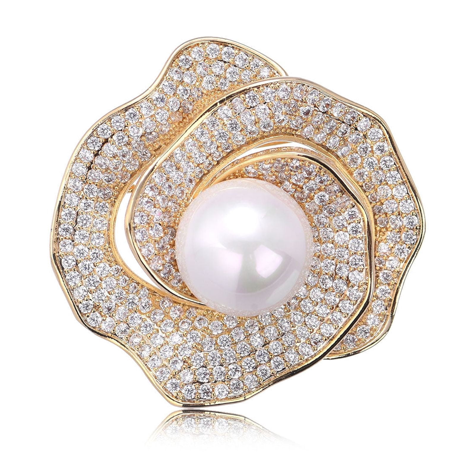 Gold Camellia Brooch with Natural Freshwater Pearl – Floral Jewelry Accessory for Women’s Fashion Clothing, Lapel Pin