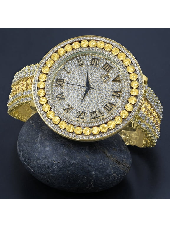 Gold Canary Roman Numeral Dial Big Face Black Onyx Simulated Diamond Mens Jo Rodeo Adjustable Size Band Custom Watch