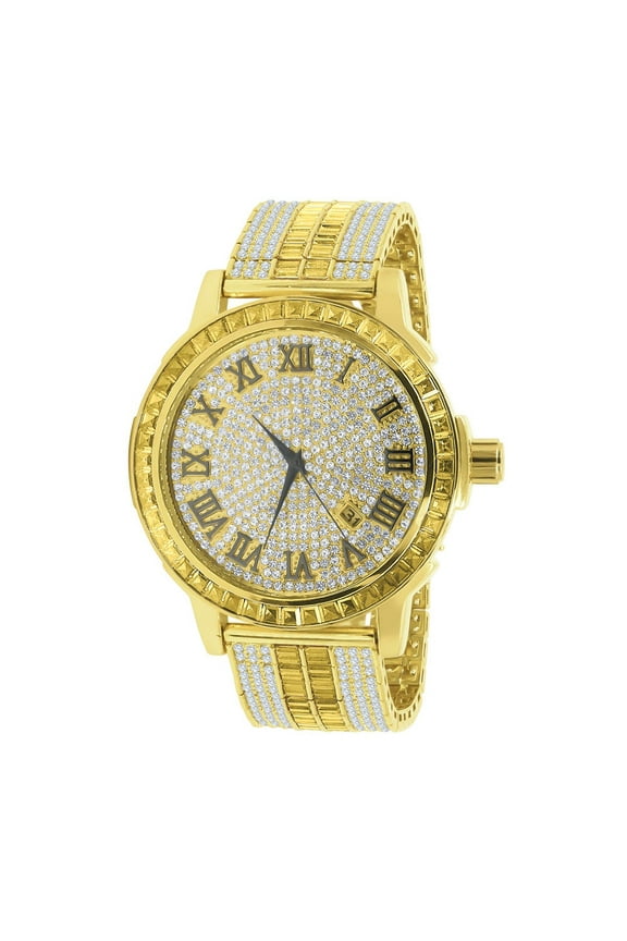 Gold Canary Tone Mens Roman Numeral Solid Steel Bezel Simulated Diamond Custom Adjustable Band Watch W/Date
