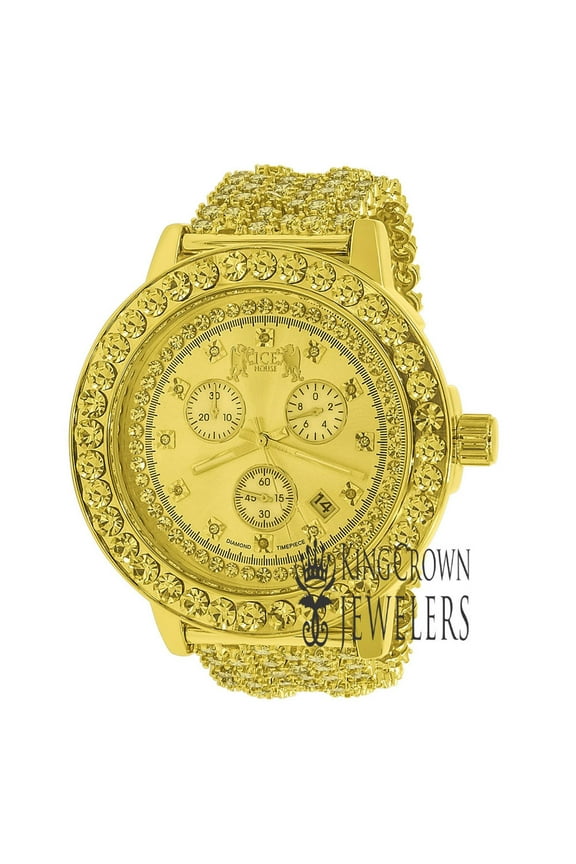 Gold Canary Tone Mens Solitaire Bezel Real Genuine Diamond Dial Iced Out Custom Band Watch W/Date Function