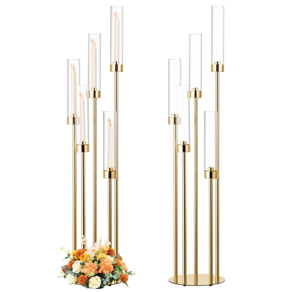 Gold Candelabra Centerpieces for Tables Candlestick Holders Decor Wedding Centerpiece Table Decorations 5 Arm Candle Holder Set of 2 Acrylic Lampshade Fit 0.9" LED Candle