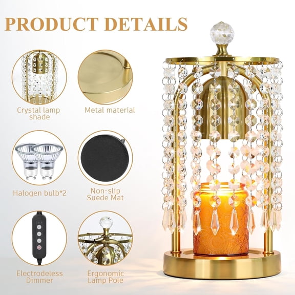 Gold Candle Warmer Lamp With Timer and Dimmer - Electric Crystal Lamp for Bedroom Decor, Flameless Scented Light, House Warming Gift, Christmas Gifts for Women